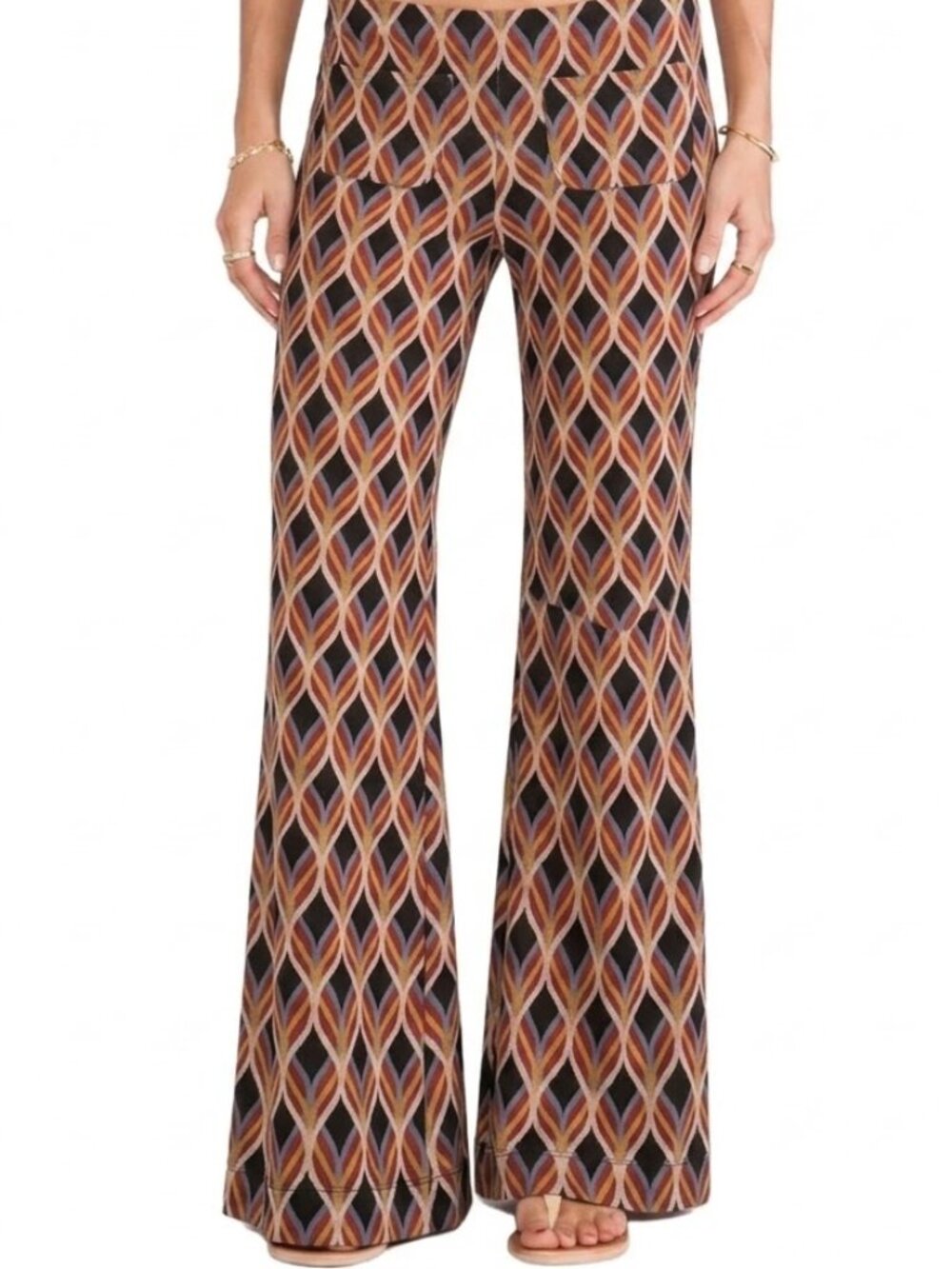Free People Hip Hugging Jaquard Flares Red Blue Orange in size 4